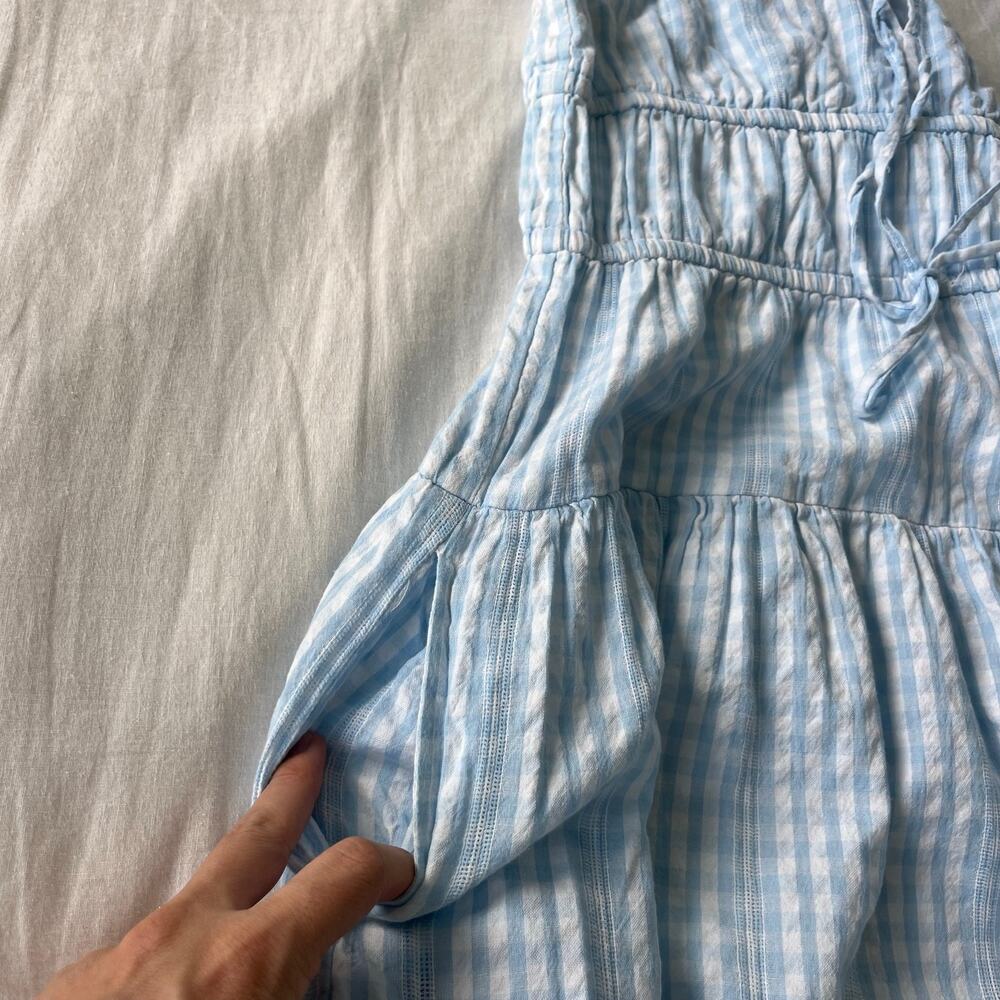 Sim & Sam Blue White Gingham Smocked Double Bow Tie Midi Dress Size Medium - Picture 10 of 12
